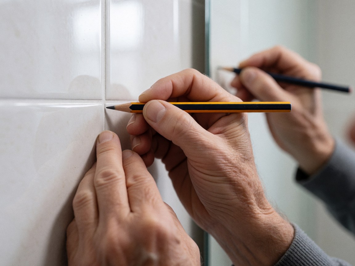 Close-up of a hand using a pencil to mark a precise spot on a white tiled wall for bathroom mirror installation