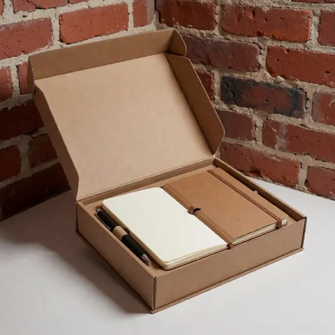 Open brown cardboard box revealing a notebook and pen on a white table against a red brick wall