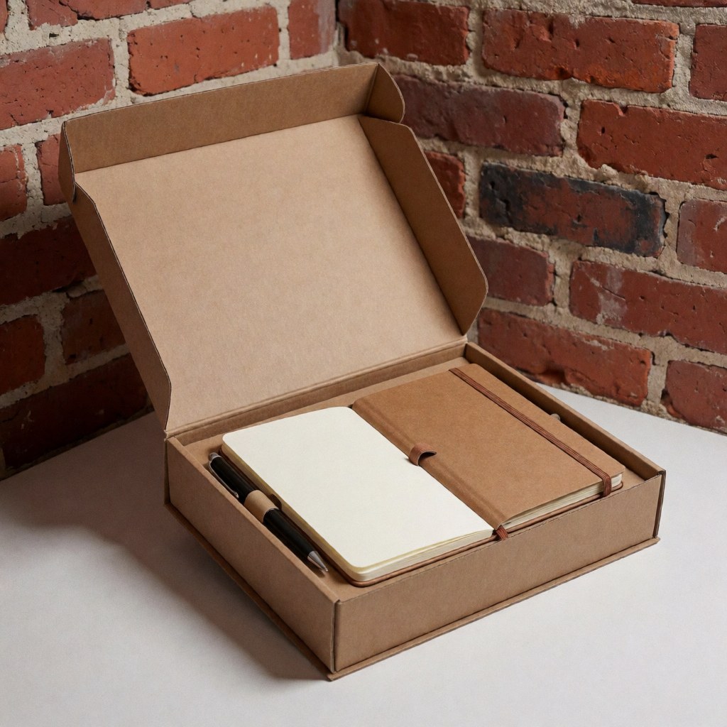 Open brown cardboard box revealing a notebook and pen on a white table against a red brick wall