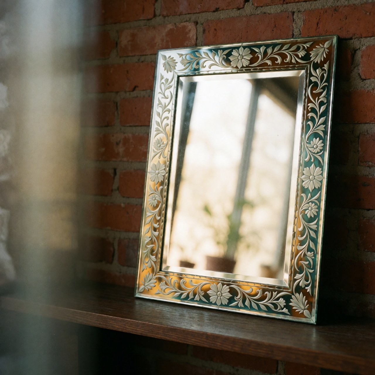 Handcrafted glass mirror with carved floral frame resting on a wooden shelf against a red brick wall with soft natural light.