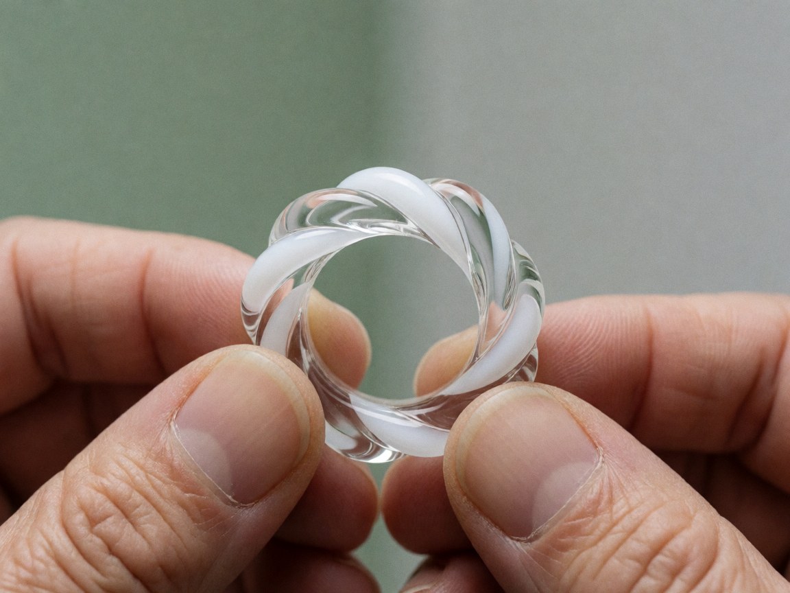 Close-up of a braided glass ring held in hands against a soft gray background with a pale green wall, highlighting artisanal craftsmanship details