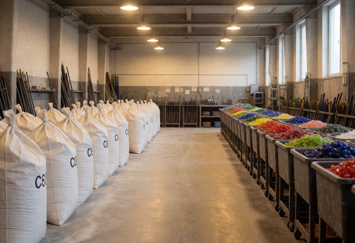 Sacks of raw materials and colorful cullet in carts inside an industrial glassblowing warehouse with polished concrete floors and warm lighting
