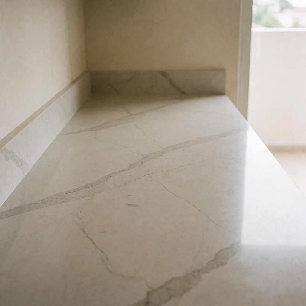Polished gray veined quartz countertop with natural light in a modern kitchen featuring beige walls and a clean surface