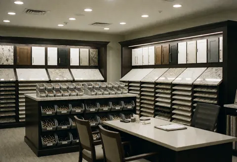Illuminated kitchen display counter featuring various cabinet styles and hardware, ideal for design consultations