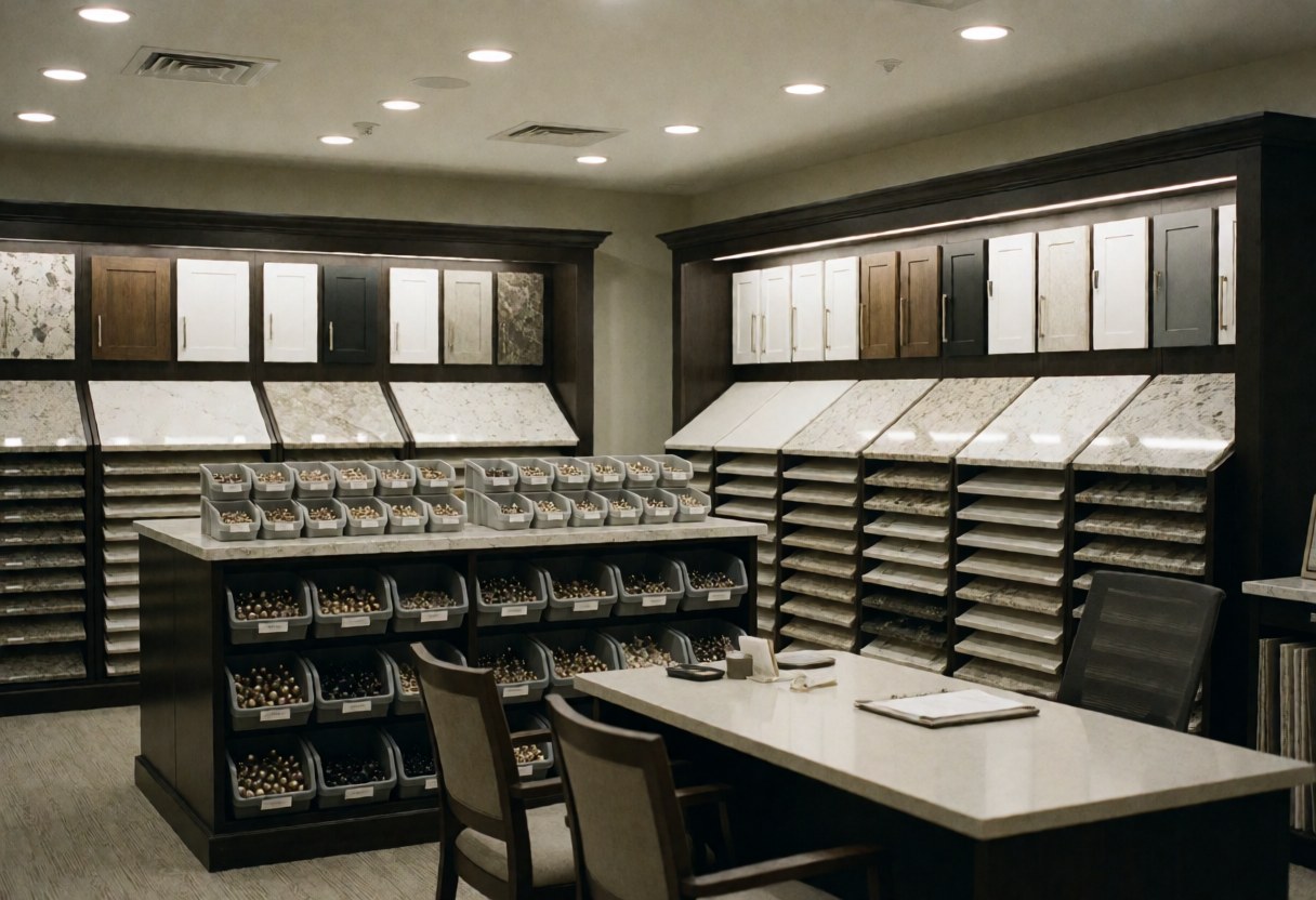 Illuminated kitchen display counter featuring various cabinet styles and hardware, ideal for design consultations