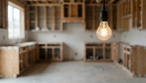Illuminated filament pendant lamp hanging in a kitchen under construction with blurred wooden frames and concrete floor.
