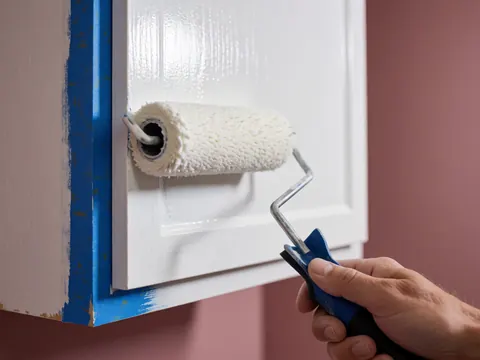 Close-up of a hand using a roller to apply white paint to a wooden kitchen frame, with blue painter's tape ensuring clean lines against a pink background.