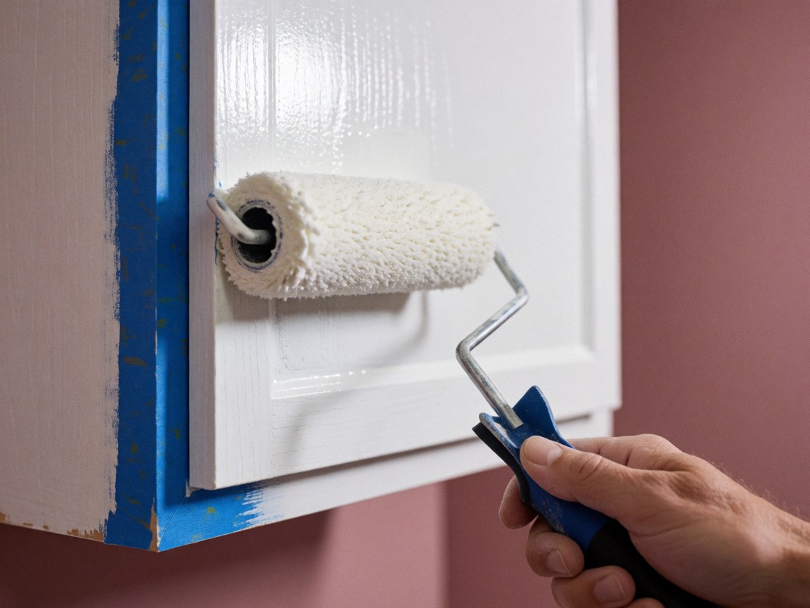 Close-up of a hand using a roller to apply white paint to a wooden kitchen frame, with blue painter's tape ensuring clean lines against a pink background.