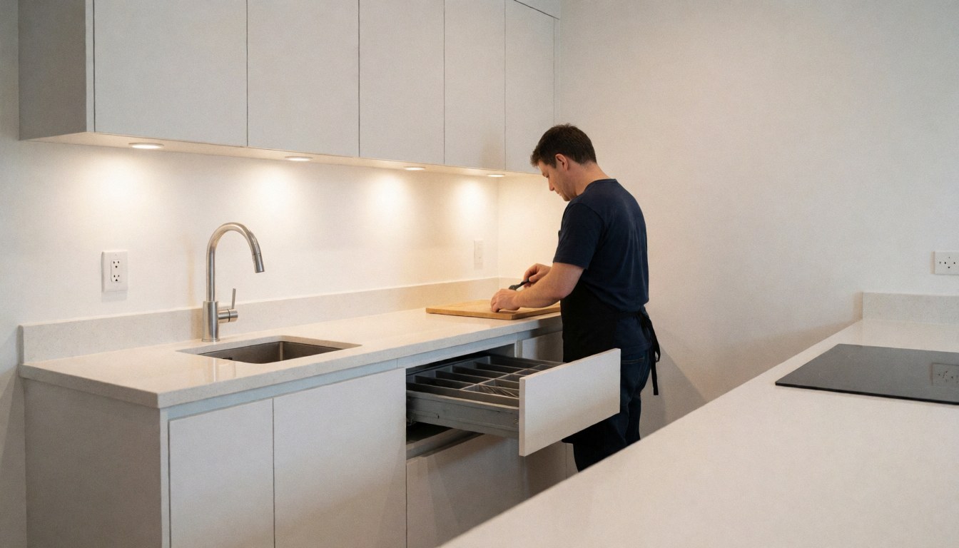 Kitchen installer adjusting a white cabinet with integrated lighting, highlighting installation details and polished finish.