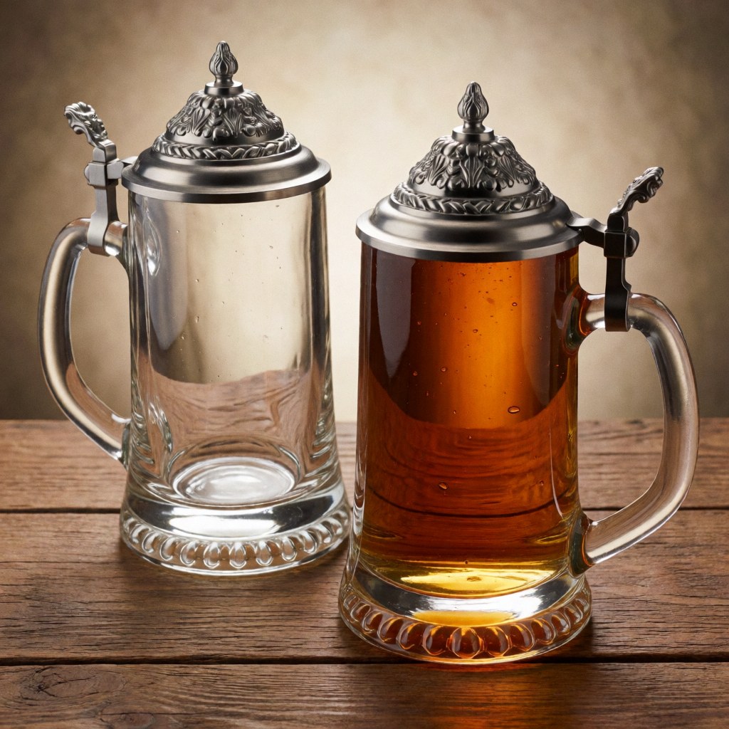 Two glass beer mugs with metal lids, one full and one empty, sitting on a rustic wooden surface with warm lighting and visible condensation