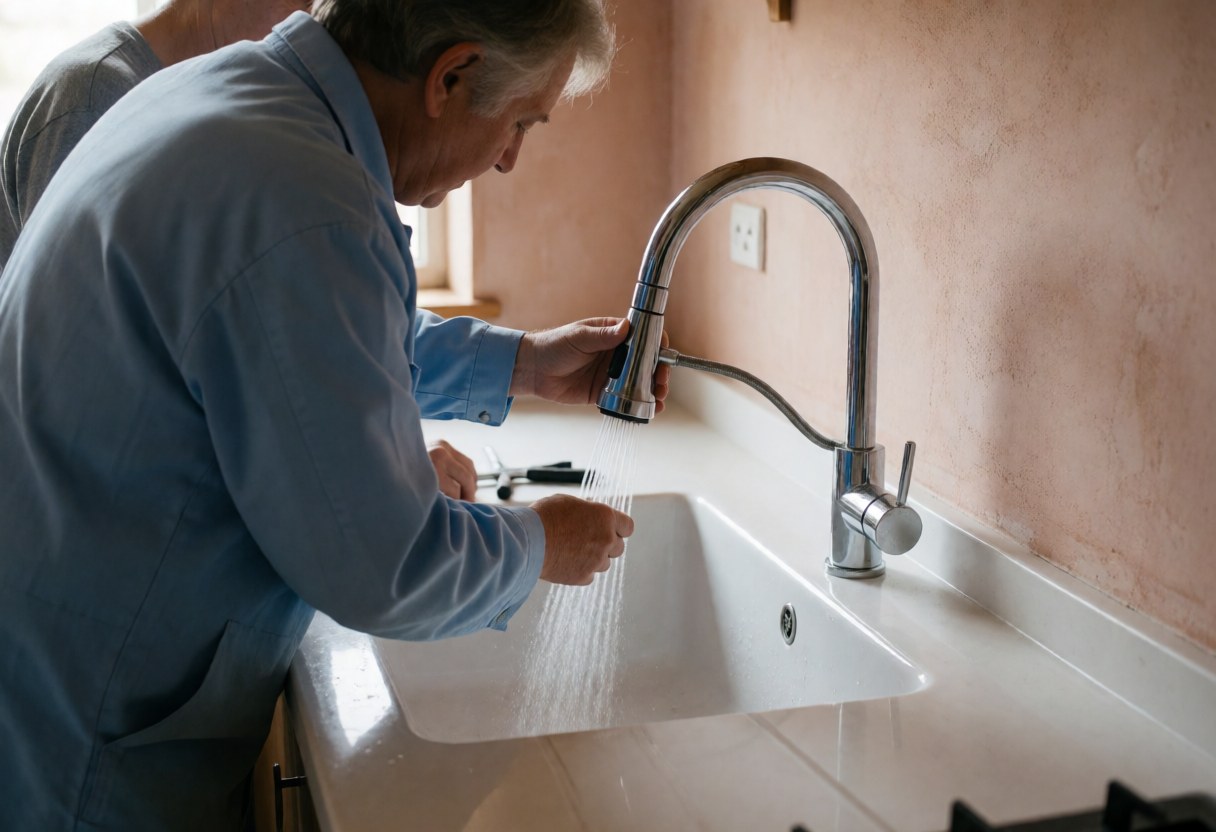 Installer testing a kitchen faucet over a white sink with tools and terracotta walls
