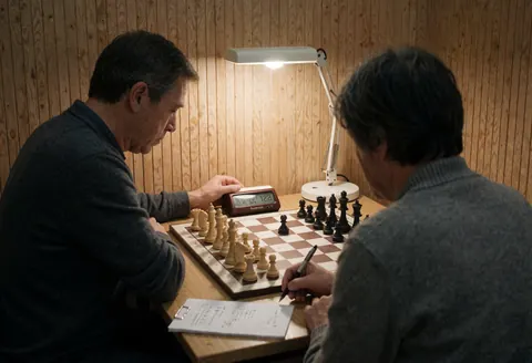 Two adults in a chess school setting, one checking the clock while the other writes on a whiteboard under a desk lamp with a wooden wall background
