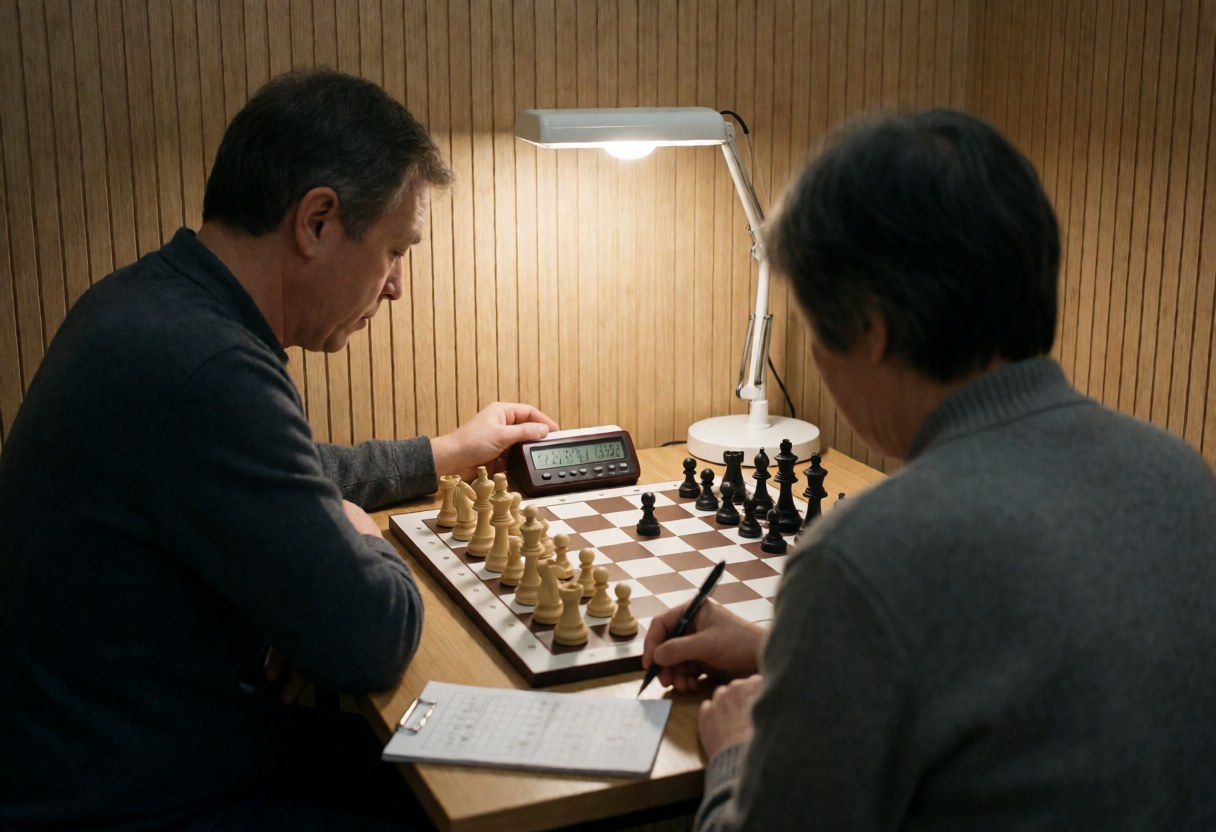Two adults in a chess school setting, one checking the clock while the other writes on a whiteboard under a desk lamp with a wooden wall background