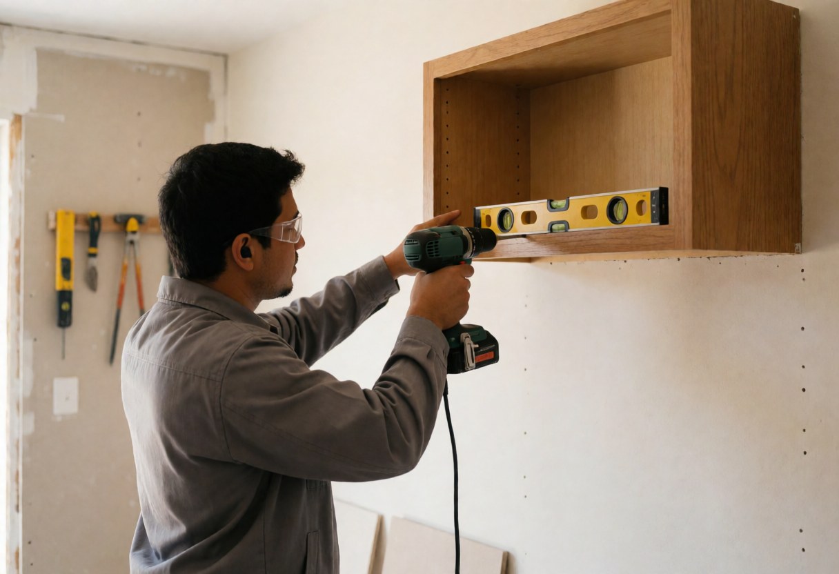 Professional installer securing a wooden cabinet to a wall with a level and electric drill, with tools hanging in the background.