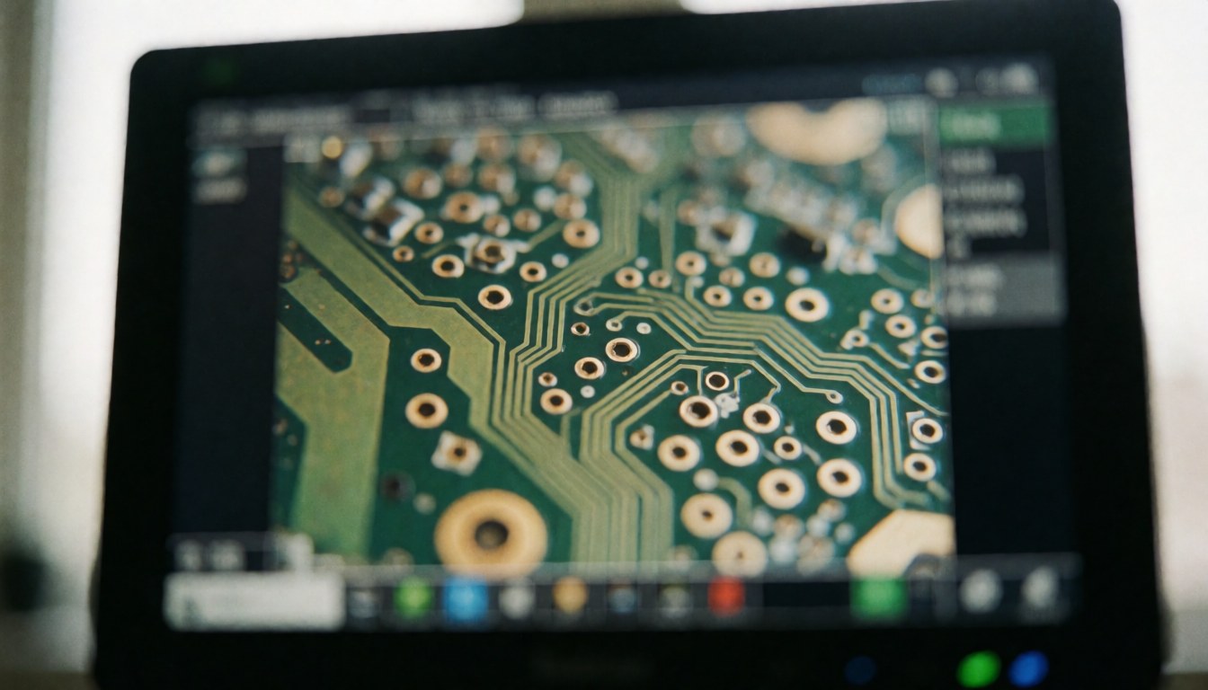 A monitor displaying a magnified view of a green and gold printed circuit board with a blurred background, suitable for technical text overlays.
