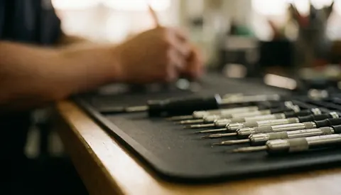 Precision screwdrivers arranged on an anti-static mat in a phone repair workshop with warm lighting and a blurred background