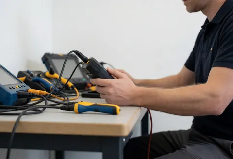 Technician working with diagnostic tools on a table, with cables and electronic equipment, blurred background.
