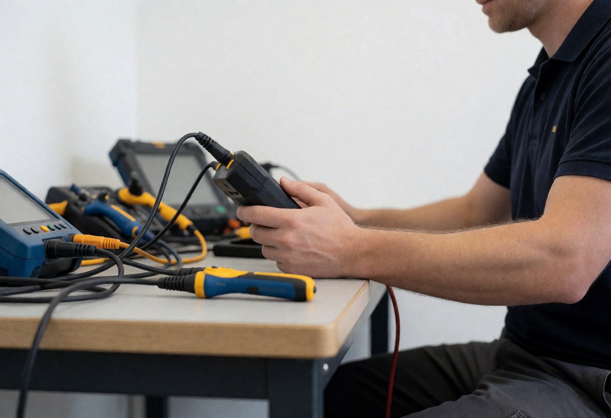 Technician working with diagnostic tools on a table, with cables and electronic equipment, blurred background.
