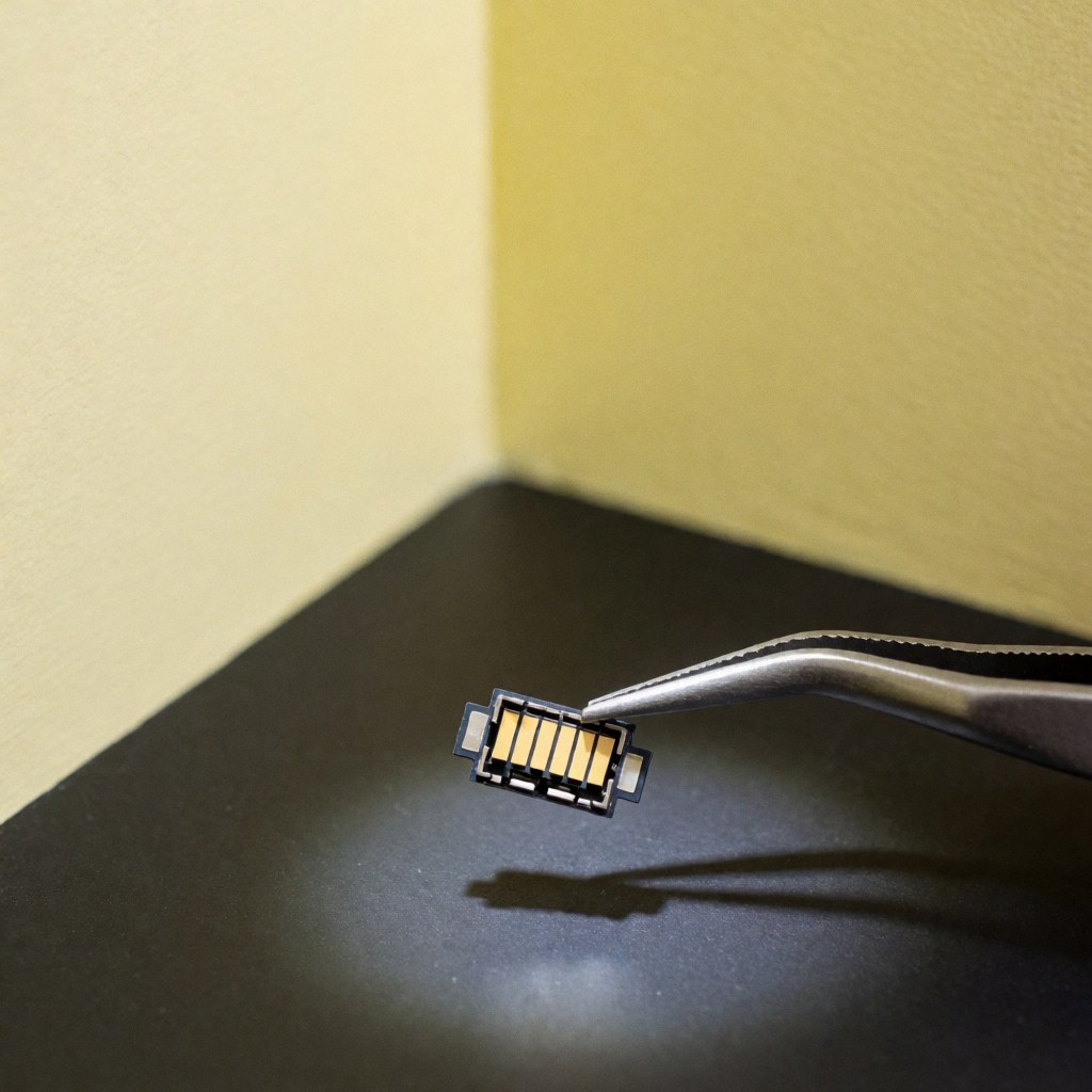 A replacement USB-C connector with gold contacts held by metal tweezers on a dark surface for phone repair
