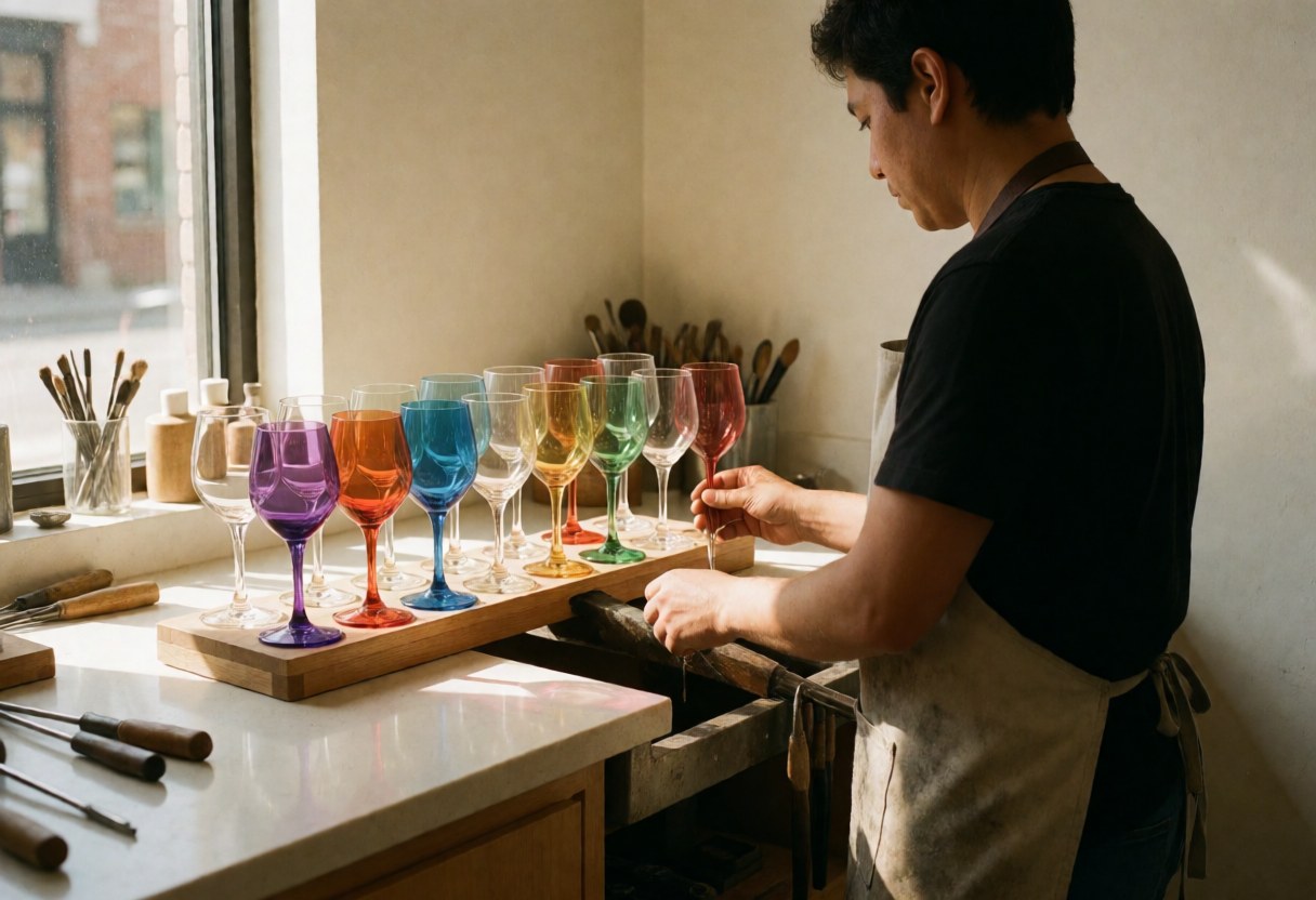 A glassblower inspecting colorful glass cups in a workshop with natural light and tools visible