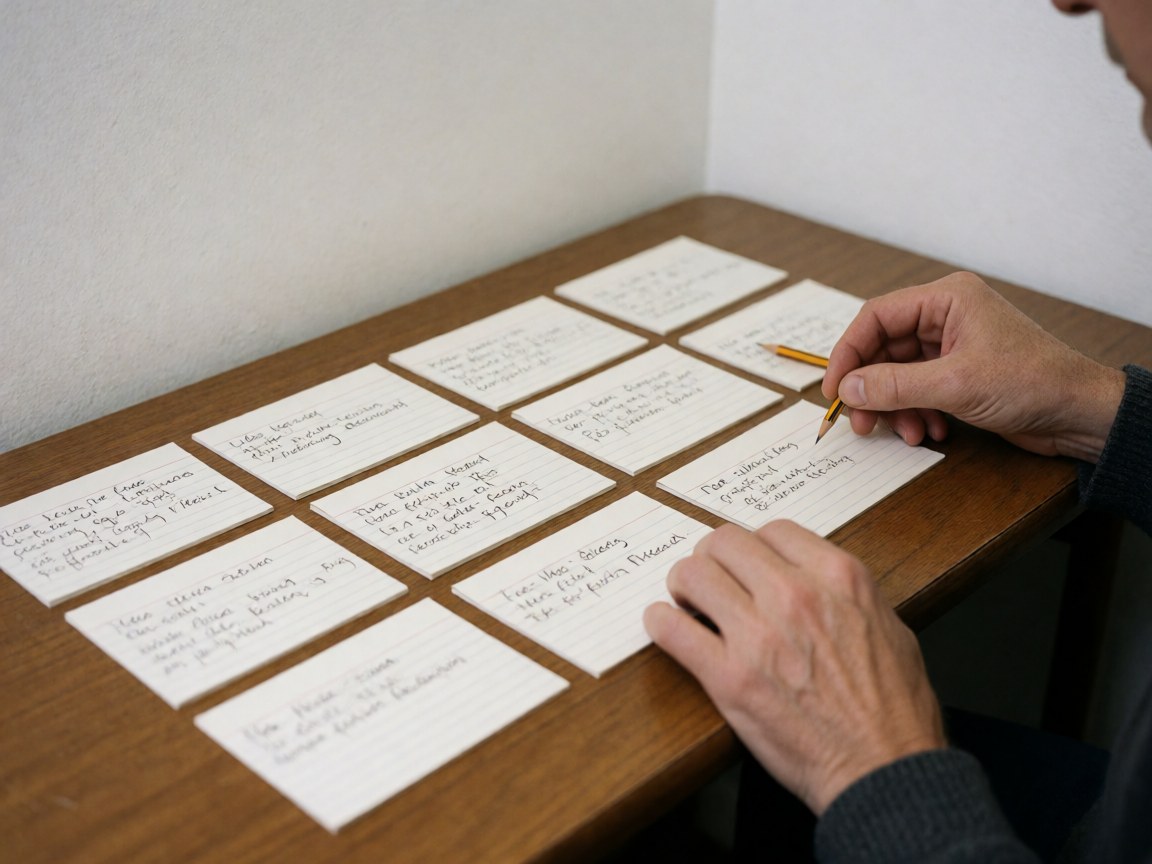 A hand writing on writing cards with a pencil on a wooden table, with other cards organized around, natural lighting and white background.