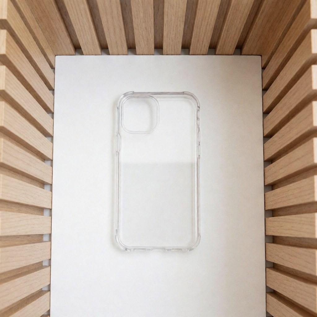 Clear protective phone case with precise cutouts placed on a white surface surrounded by light wood walls under soft lighting