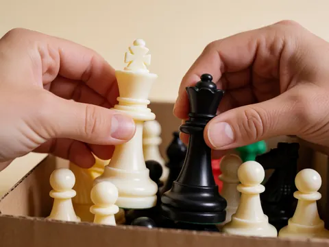 Close-up of plastic chess pieces in a box with hands manipulating the white king and black queen, ideal for chess school or educational toy use