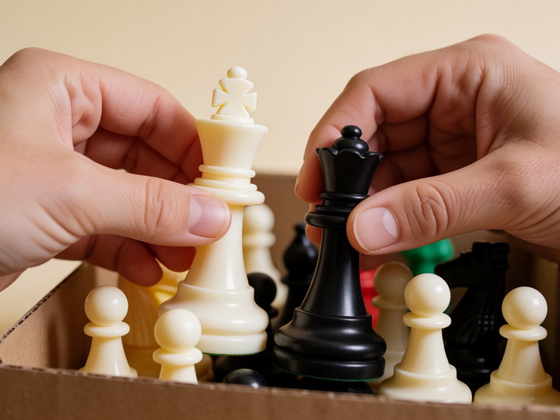Close-up of plastic chess pieces in a box with hands manipulating the white king and black queen, ideal for chess school or educational toy use