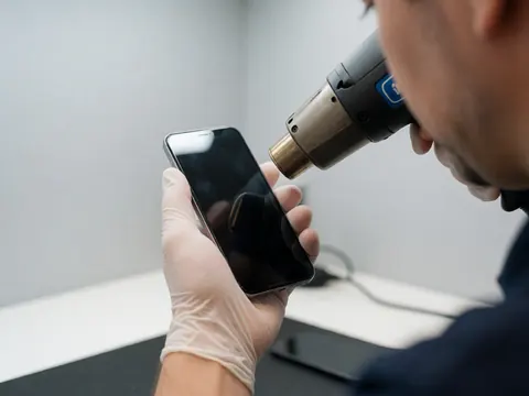 Close-up of a technician using a heat gun to remove adhesive from a mobile phone screen during repair work