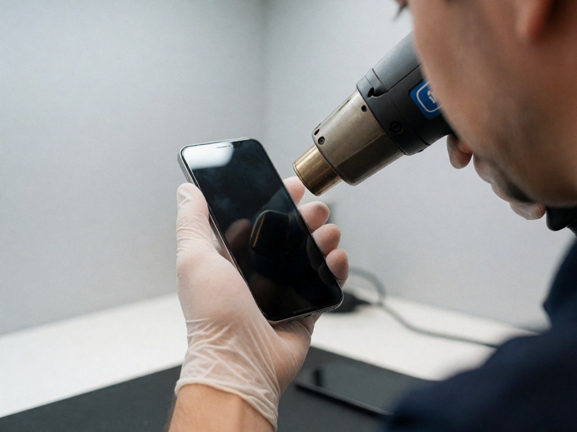 Close-up of a technician using a heat gun to remove adhesive from a mobile phone screen during repair work