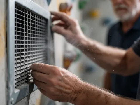 Close-up of hands cleaning a metal ventilation grille in a climbing gym with dust particles in the air and blurred climbing holds in the background