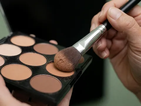 Macro shot of a makeup brush touching a cream palette against a black background and pale green wall, highlighting theater tools and cosmetic details