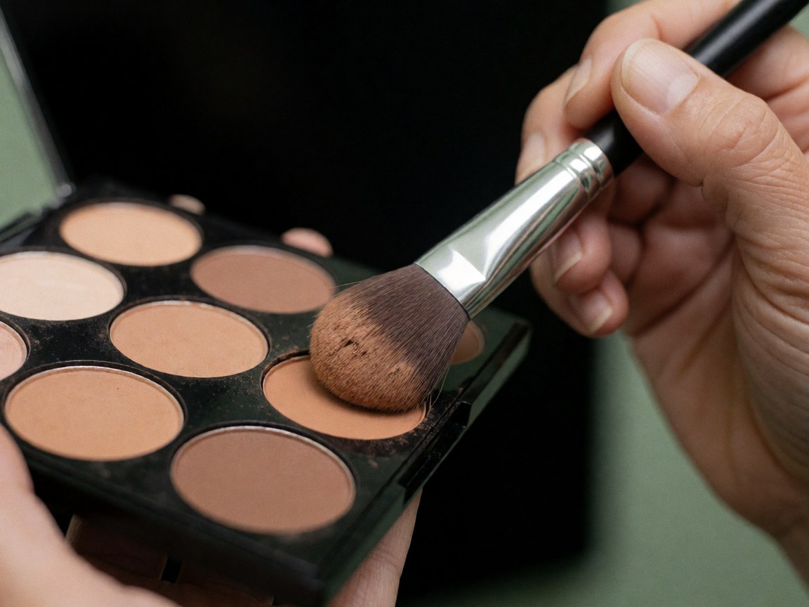 Macro shot of a makeup brush touching a cream palette against a black background and pale green wall, highlighting theater tools and cosmetic details