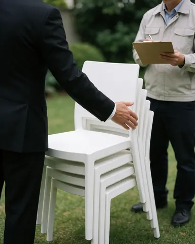 A client in a suit inspects new white chairs on the lawn while a worker with a portfolio stands nearby during a furniture delivery