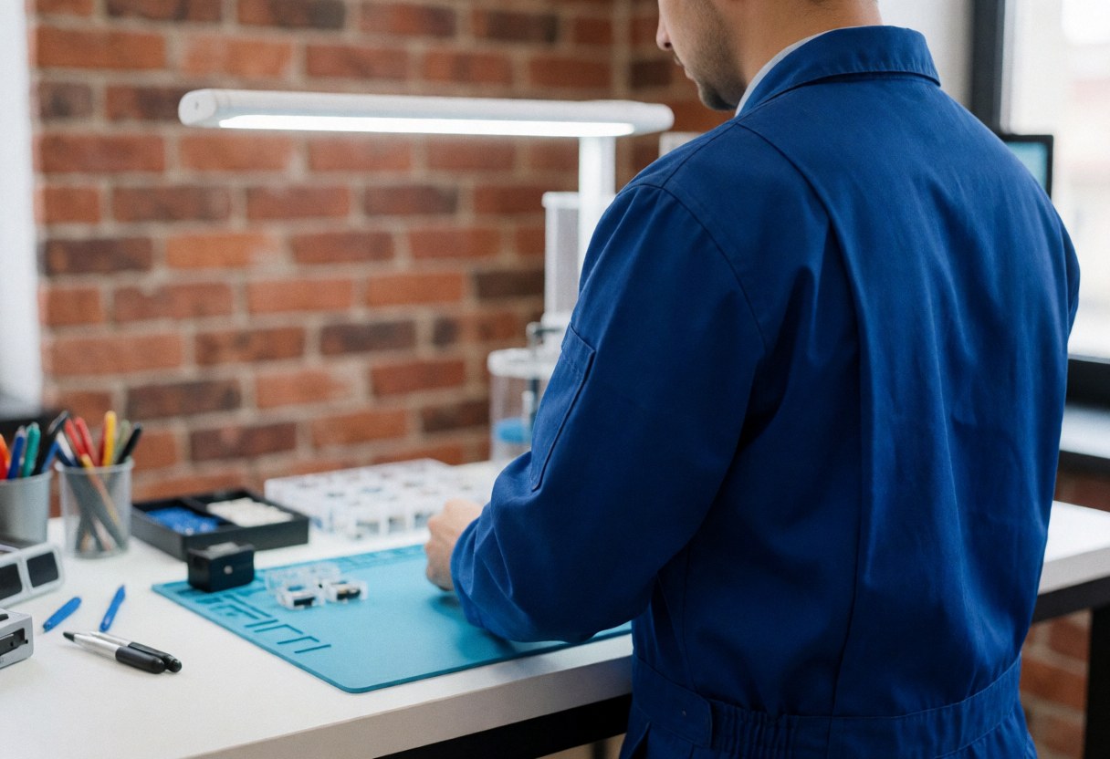 Technician in blue uniform arranging small parts on an anti-static mat at a workbench with a brick wall and LED lamp.
