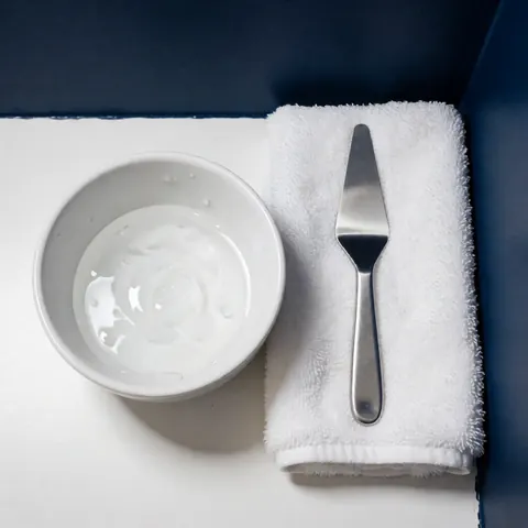 Clear facial hydration gel in a white ceramic bowl placed next to a folded white towel and a metal applicator tool on a dark blue background