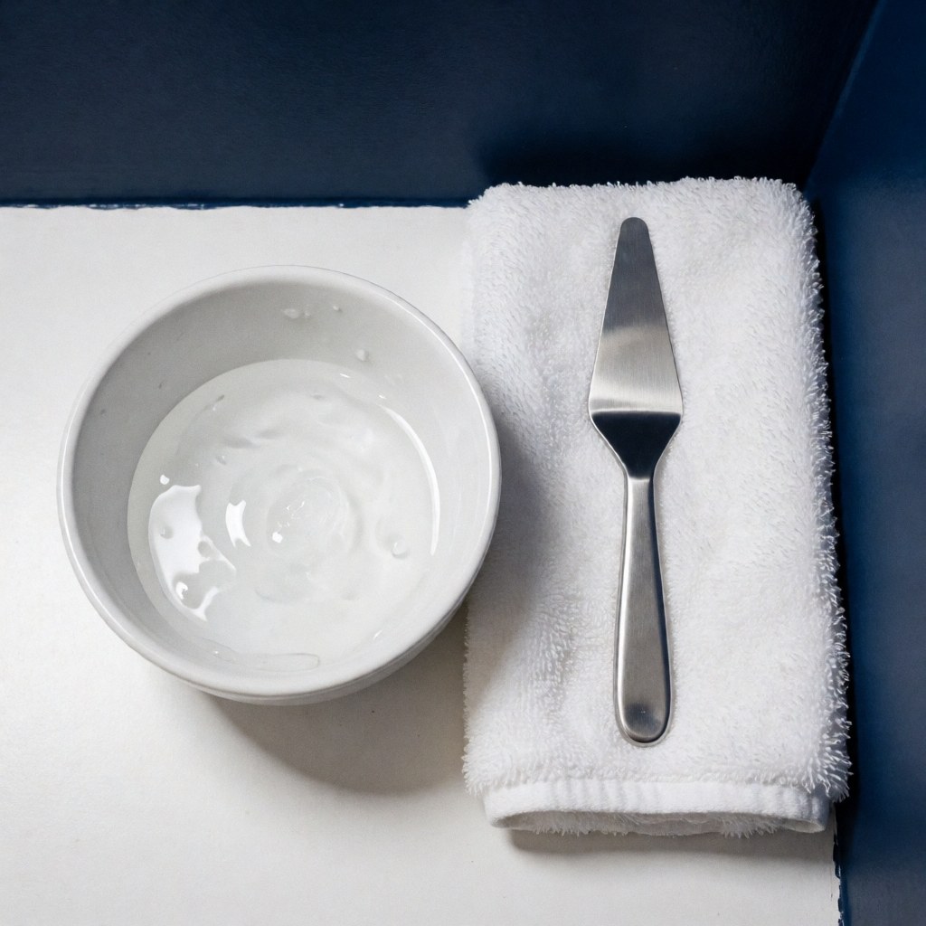 Clear facial hydration gel in a white ceramic bowl placed next to a folded white towel and a metal applicator tool on a dark blue background