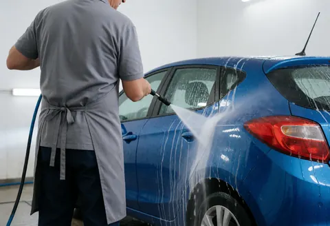 Technician using a water gun to clean a blue car with white foam in a bright car wash bay