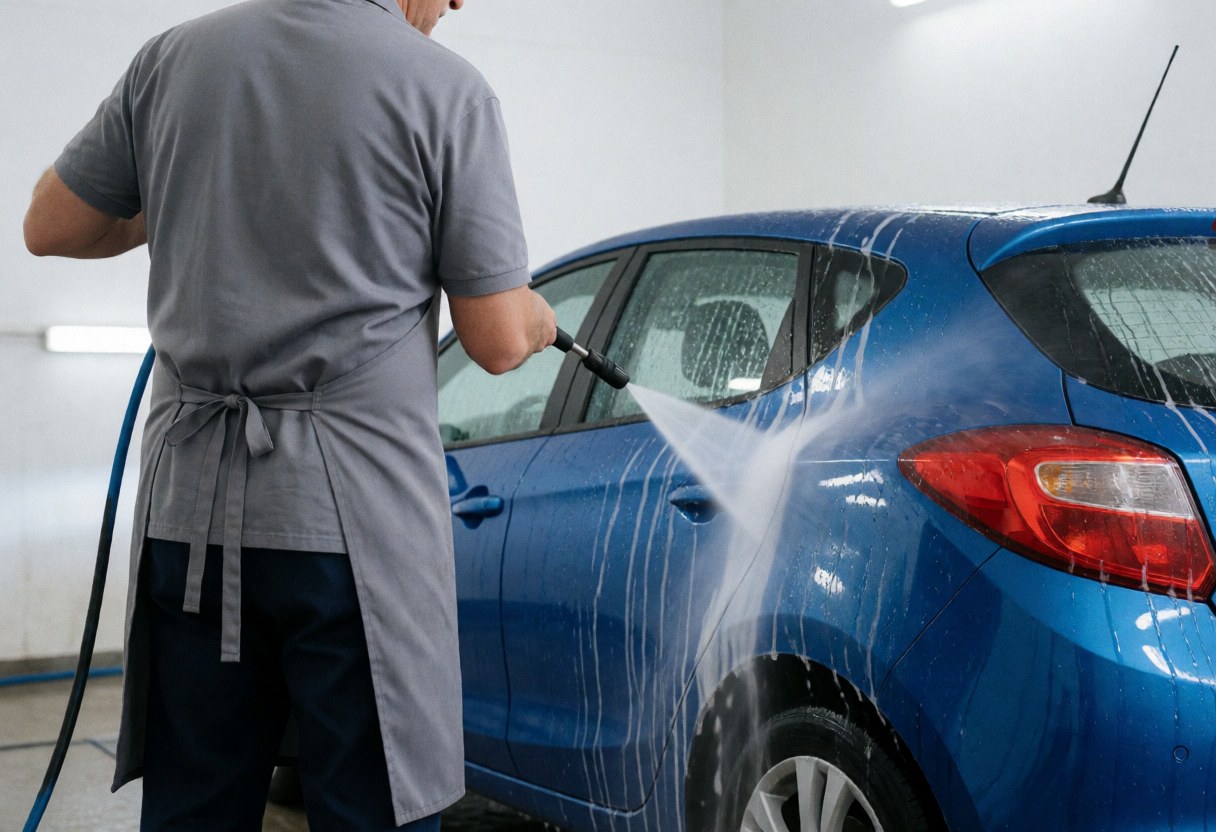 Technician using a water gun to clean a blue car with white foam in a bright car wash bay