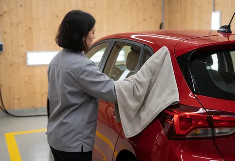 Woman in gray uniform wiping red car with towel in workshop with wood walls and yellow floor markings