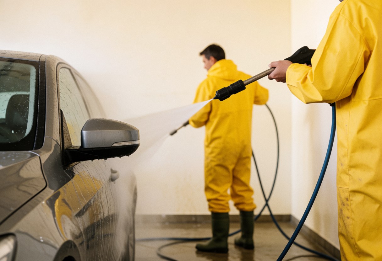 Two technicians in yellow suits washing a car with high pressure hoses in a warehouse with white walls and wet floor