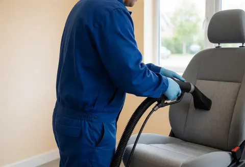 A worker in a blue uniform cleans a car seat using professional tools, highlighting the contrast between dirt and cleanliness under natural light.