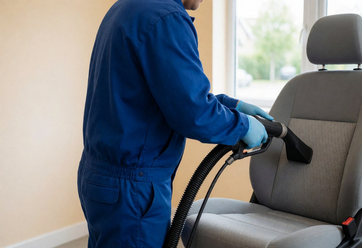 A worker in a blue uniform cleans a car seat using professional tools, highlighting the contrast between dirt and cleanliness under natural light.