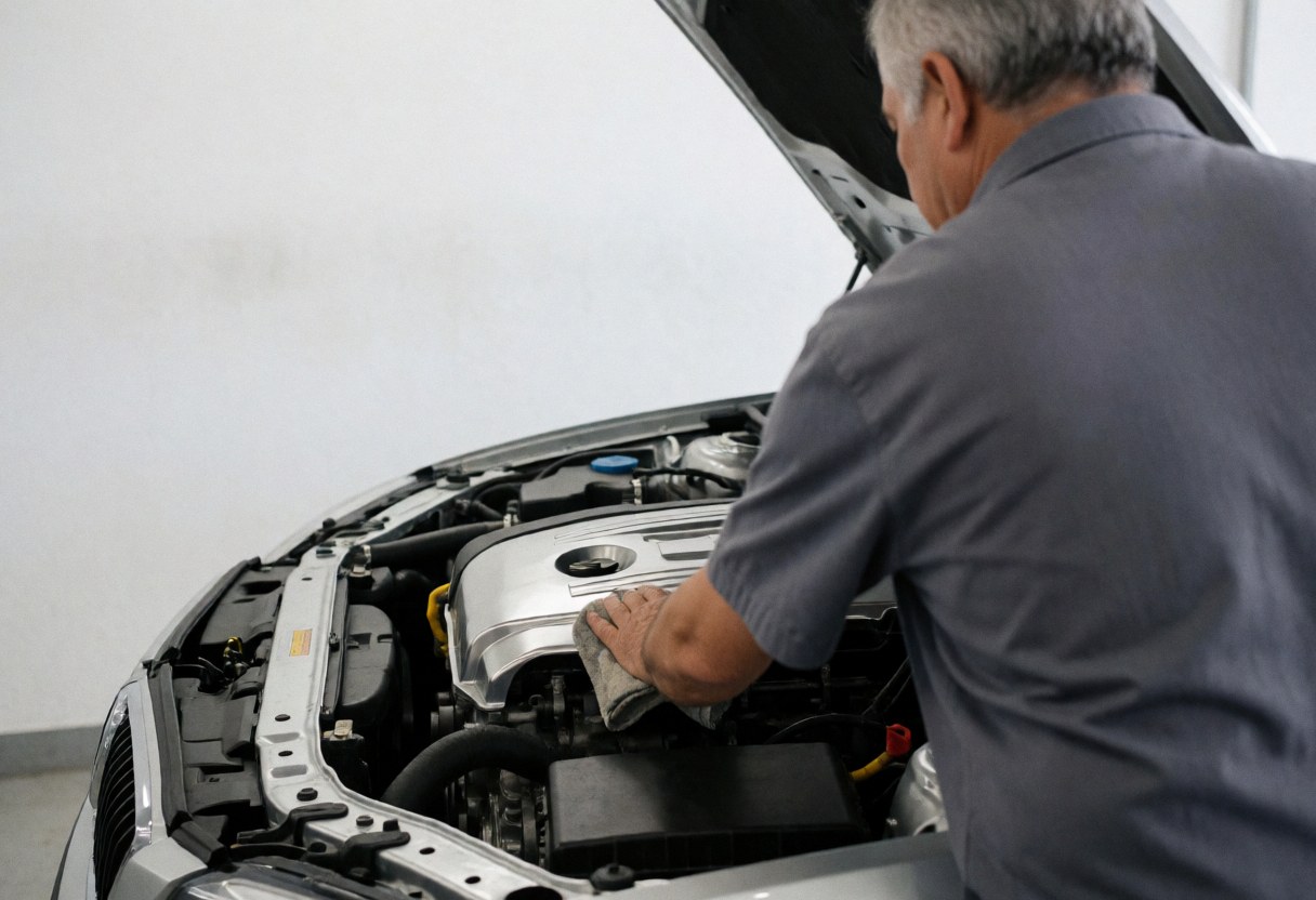 Technician cleaning a car engine with a cloth, white wall, rear view, car wash service.