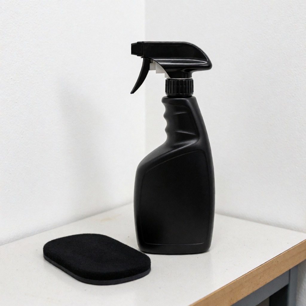 Black cleaning spray bottle with nozzle and black cloth on a white workbench with white walls and professional lighting for car wash