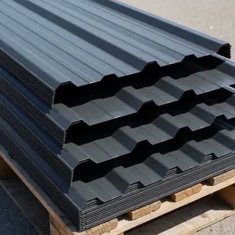 Stacked gray charcoal corrugated metal roof panels on a wooden pallet outdoors under bright sunlight