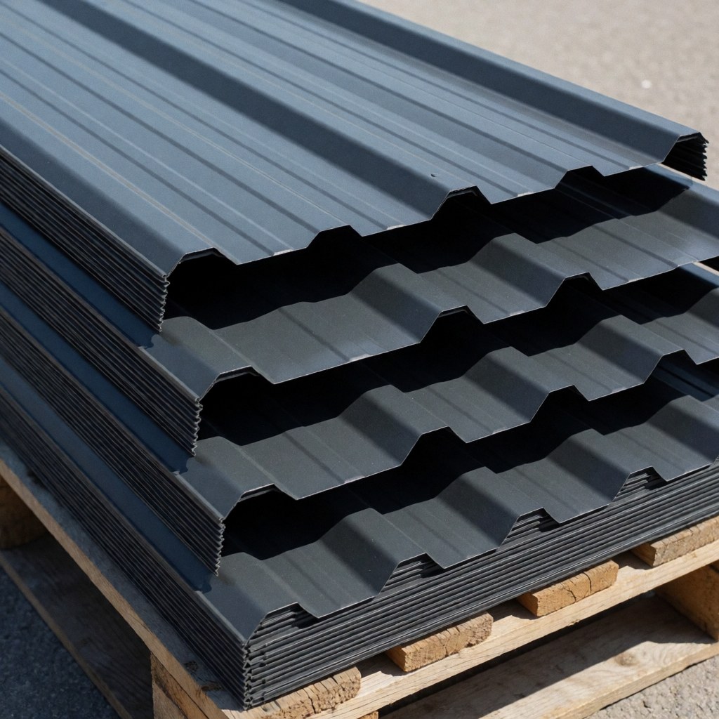 Stacked gray charcoal corrugated metal roof panels on a wooden pallet outdoors under bright sunlight