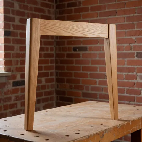 Refinished wooden furniture with natural finish on workbench against red brick wall with natural lighting