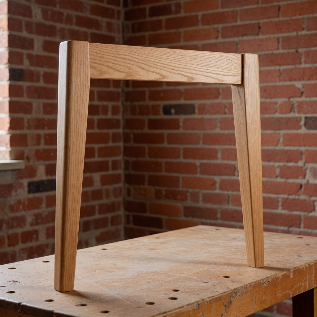 Refinished wooden furniture with natural finish on workbench against red brick wall with natural lighting