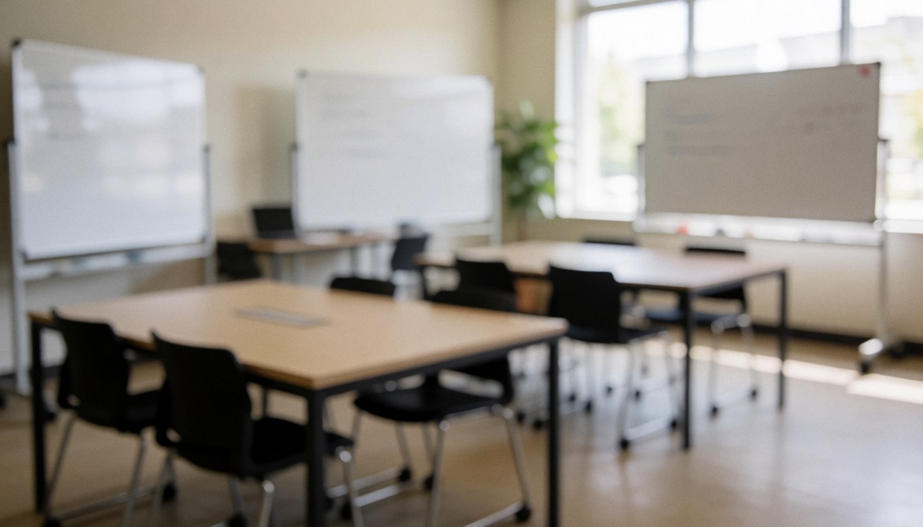 Empty modern classroom featuring whiteboards, tables, and chairs with natural light for coding courses